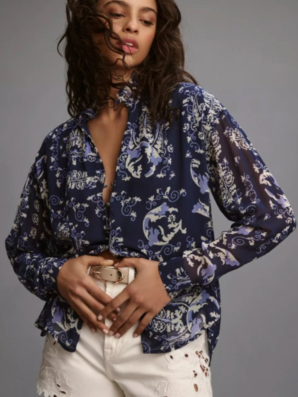 Anthropologie The Tavi Buttondown Blouse by Pilcro Blue Sheer Boho Oversized XS